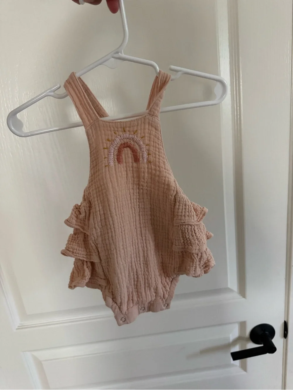 Peach Ruffle Baby Romper with Rainbow Embroidery